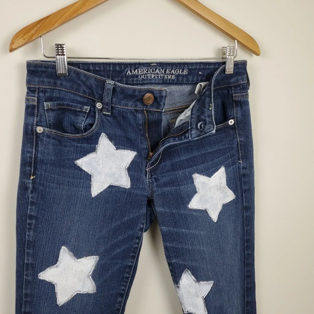 American Eagle | Star Graphic Jeans Skinny Stretch Frayed Hem Women's Size 6 - Picture 6 of 16